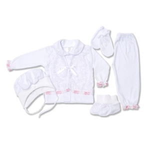 Costumas botez cu 5 piese si dantela roz