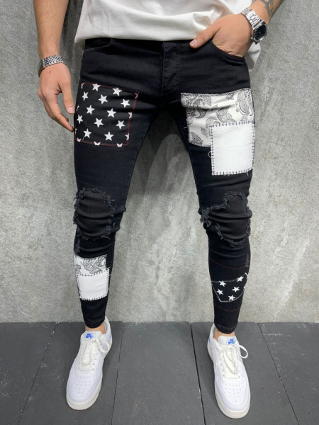 BLUGI SKINNY FIT STARS PATCHES BLACK BGAS748(8085)