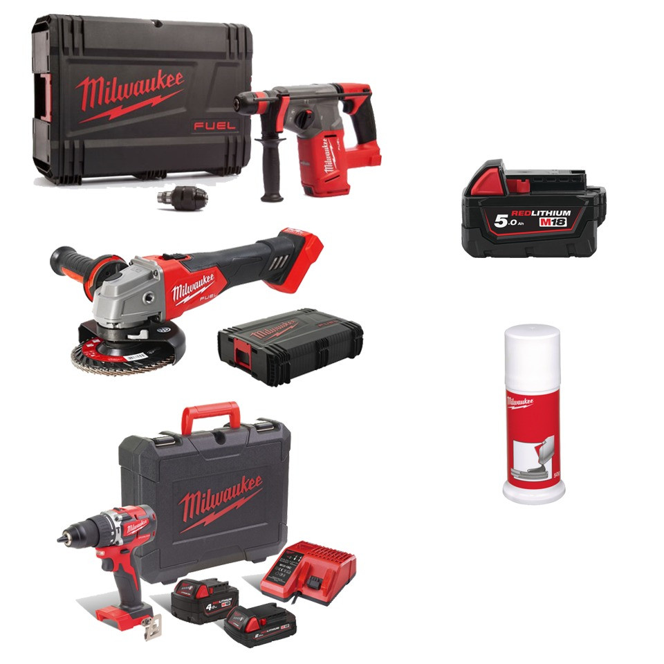 Set rotopercutor 2.5 jouli + masina de gaurit si insurubat 60 Nm + polizor unghiular 125 mm + 3 baterii + accesorii
