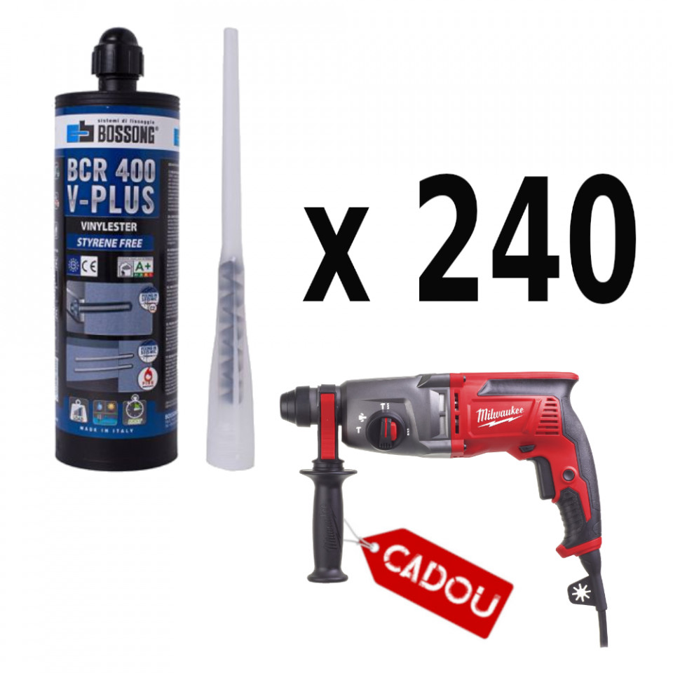 Kit 240 ancore chimice 400 ml Bossong BCR 400 V-Plus + cap mixare + CADOU ciocan rotopercutor 2.4 jouli