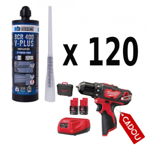 Kit 120 ancore chimice 400 ml Bossong BCR 400 V-Plus + cap mixare + CADOU masina de gaurit si insurubat cu acumulatori