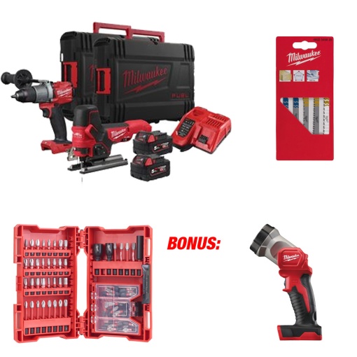 Set scule 18 V M18 FPP2AA2 + 2 baterii + incarcator + set 70 accesorii + lame pendular, BONUS lanterna 120 lumeni