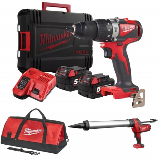 Kit 2 scule Milwaukee - pistol silicon 600 ml, masina de gaurit 82 Nm, 2 acumulatori 5 Ah, incarcator, valize