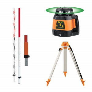Kit complet Geo Fennel FLG 245HV - nivela laser VERDE rotativa cu trepied + trepied + mira 2.4 m, pana la 1000 metri diametru