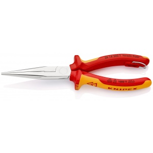 KNIPEX 26 16 200 T BK Clește plat-rotund cu tăiș (patent cu cioc angular) izolat cu manșoane-multicomponent, verificat de VDE, cu cârlig de fixare integrat, izolat, pentru montarea unei siguranțe împotriva căderii cromat 200 mm (carton cu autoservire/în b