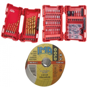 Set 10 burghie metal 1-10 mm + set 75 piese insurubare + 50 discuri taiat metal inox