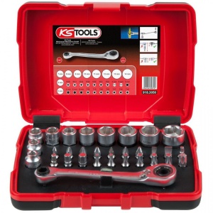 Set chei tubulare KS TOOLS perforate 1/4" + 11 mm și biți, 31 piese