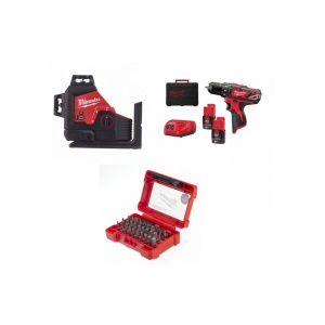 Set nivela laser 3 planuri cu acumulatori M12 3PL + masina de gaurit cu acumulatori M12 BDD + accesorii