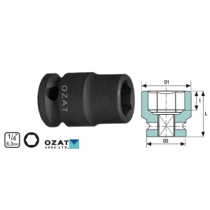 Cap cheie tubulara impact 1/4" 6 laturi, scurta 11/32", D1 13.8, D2 13, L 23, T MIN 4, 15 GR