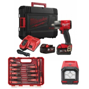 Kit cheie impact 1/2", cuplu 745 Nm, lanterna 1200 lumeni, set 12 surubelnite Milwaukee