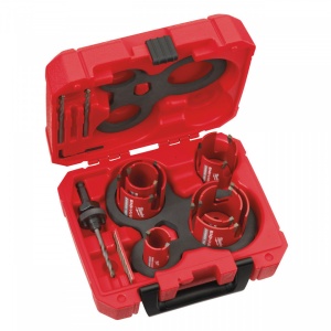 Set 10 carote Milwaukee Big Hawg - multimaterial [ 6 x carote ⌀ 35, 44, 51, 57, 68, 76 mm. 1 x tijă prindere cu burghiu de centrare. 2 x burghie de centrare 1 x pilă diamantată. Cheie imbus ]