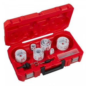 Set 17 buc. carote Hole Dozer™ [ 13 x carote: ⌀ 20, 22, 25, 32, 40, 44, 51, 57, 64, 65, 67, 68, 76 mm. Tijă prindere ⌀ 14 - 30 mm (49567010). Tijă prindere ⌀ 32 - 152 mm (49569100). 2 x burghie de centrare. Cheie imbus ⅛″ ]