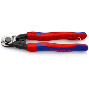 KNIPEX 95 62 190 T BK foarfece de tăiat cabluri de sârmă forjat cu manşoane multicomponent, cu cârlig de fixare integrat pentru montarea unei siguranţe împotriva căderii 190 mm (carton cu autoservire/în blister)