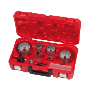 Set 10 buc carote Bi-metal pentru contractanți [ 6 x carote: ⌀ 25, 32 , 40 , 54 , 68 , 76 mm. Tijă de prindere pentru ⌀ 14 - 30 mm. Tijă de prindere pentru ⌀ 32 - 152 mm. 2 x burghie de centrare. 1 x cheie imbus. ]