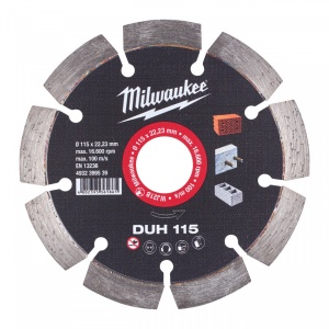 Discuri diamantate DUH Milwaukee, beton armat, pavaj, zidarie (Diametru interior disc (mm): 22.23, Tip: DUH 115, Diametru disc (mm): 115, Înălțime segment (mm): 10)