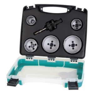 Set 6 piese pentru instalatii electrice si sanitare Wolfcraft 3764000, 5 carote bimetal diametru D 35, 40, 51, 65, 68 mm, 1 adaptor pentru carote bimetal cu burghiu de centrare