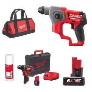 Set masina de gaurit si insurubat M12 BDD, 30 Nm + ciocan rotopercutor SDS Plus M12 CH, 1.1 jouli 2 baterii, incarcator, valize.
