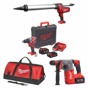 Kit 3 scule Milwaukee - rotopercutor 2.5 jouli, masina de gaurit 60 Nm, pistol silicon 600 ml, 3 acumulatori (2 Ah; 4 Ah; 5 Ah), incarcator, valize