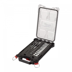Set antrenor cu clichet ¼″ + chei tubulare sistem metric (28 buc) în organizator mic PACKOUT™ [ Chei tubulare: 5 mm, 5.5 mm, 6 mm, 7 mm, 8 mm, 9 mm, 10 mm, 11 mm, 12 mm, 13 mm, 14 mm, 15 mm / Chei tubulare lungi: 5 mm, 5.5 mm, 6 mm, 7 mm, 8 mm, 9 mm, 10 m