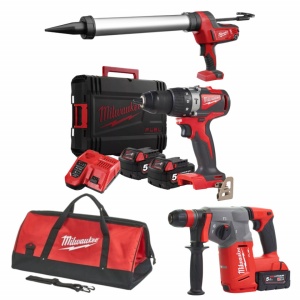 Kit 3 scule Milwaukee - rotopercutor 2.5 jouli, masina de gaurit 82 Nm, pistol silicon 600 ml, 3 acumulatori 5 Ah, incarcator, valize