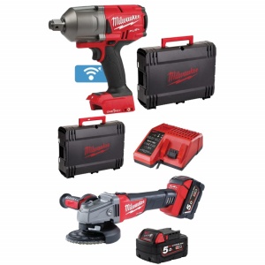 Pachet 2 scule Milwaukee - polizor unghiular 125 mm + cheie de impact 3/4" cuplu 2034 Nm + 2 baterii 5 Ah + incarcator + valize