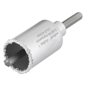 Carota diamantata cu acoperire tungsten Wolfcraft 3894000, diametru D 43 mm, adancime de taiere 55 mm, cu ax hexagonal si burghiu de centrare HM, D 8 mm