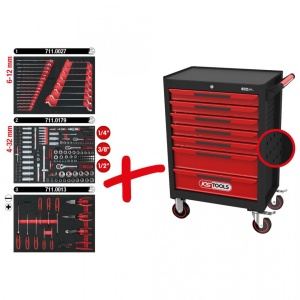 Carucior de atelier KS TOOLS ECOline cu 7 sertare si 215 unelte premium