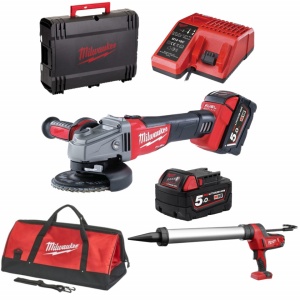 Kit 2 scule Milwaukee - pistol silicon 600 ml, polizor unghiular 125 mm, 2 acumulatori 5 Ah, incarcator, valize