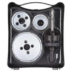 Set 4 piese pentru renovari Wolfcraft 5980000, 3 carote bimetal diametru D 35, 43, 68 mm, 1 adaptor pentru carote bimetal cu burghiu de centrare