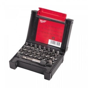 Set capete de insurubat 27 piese Milwaukee [ Biți pentru înșurubare cu lungimea 25 mm lungime: PH 1 x 2 / PH 2 x 2 / PH 3 x 1. PZ 1 x 2 / PZ 2 x 4 / PZ 3 x 2. TX 10 x 2 / TX 15 x 3 / TX 20 x 3. TX 25 x 3 / TX 30 x 1 / TX 40 x 1. Suport magnetic cu elibera