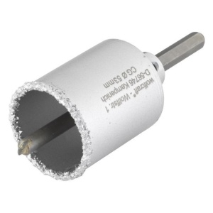Carota diamantata cu acoperire tungsten Wolfcraft 3895000, diametru D 53 mm, adancime de taiere 55 mm, cu ax hexagonal si burghiu de centrare HM, D 8 mm