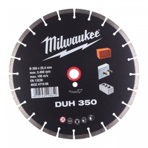 Discuri diamantate DUH Milwaukee, beton armat, pavaj, zidarie (Diametru interior disc (mm): 25.4, Diametru disc (mm): 350, Tip: DUH 350, Înălțime segment (mm): 10)