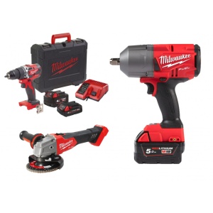 Kit cheie impact 1/2", cuplu 1898 Nm + polizor unghiular 125 mm, + filetanta 60 Nm, 3 acumulatori 2Ah, 4Ah, 5Ah, incarcator.