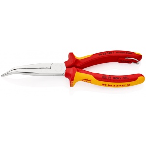 KNIPEX 26 26 200 T BK Clește plat-rotund cu tăiș (patent cu cioc angular) izolat cu manșoane-multicomponent, verificat de VDE, cu cârlig de fixare integrat, izolat, pentru montarea unei siguranțe împotriva căderii cromat 200 mm (carton cu autoservire/în b