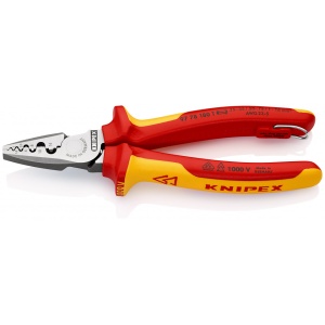KNIPEX 97 78 180 T clește de sertizare pentru ferule izolat cu manșoane-multicomponent, verificat de VDE, cu cârlig de fixare integrat, izolat, pentru montarea unei siguranțe împotriva căderii 180 mm