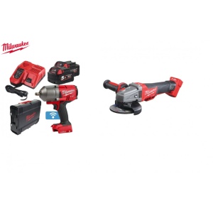 Pachet 2 scule M18 FUEL Milwaukee, cheie impact 1/2", cuplu 1898 Nm + polizor unghiular 125 mm + 2 baterii 5Ah + incarcator + valiza