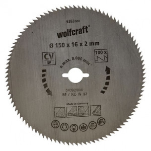 Panza pentru fierastrau circular Wolfcraft 6263000, diametru 150 mm, diametru interior disc 16 mm, latime taiere 2 mm, 100 dinti, seria albastra.
