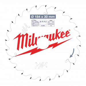 Pânze pentru fierăstraie circulare de mână Milwaukee (Nr. dinți: 24, Diametru interior disc (mm): 30, Diametrul exterior al pânzei (mm): 184, Lățime tăiere (mm): 1.6)