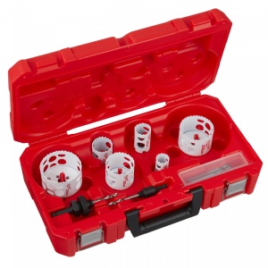 Set 10 buc carote HOLE DOZER″ [ 6 x carote: ⌀ 25, 32, 40, 54, 68, 76 mm. Tijă de prindere pentru ⌀ 14 - 30 mm (49567010). Tijă de prindere pentru ⌀ 32 - 152 mm (49569100). 2 x burghie de centrare. Cheie imbus ⅛″ ]