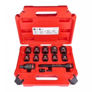 Set chei tubulare scurte ½" SHOCKWAVE™ IMPACT DUTY (13 buc) (10 x chei tubulare scurte: 10,12,13,14,15,17,19,21,22,24, 1 x îmbinare universală 15°,1 x adaptor ¼" Hex - ½" pătrat, 1 x extensie 150 mm)