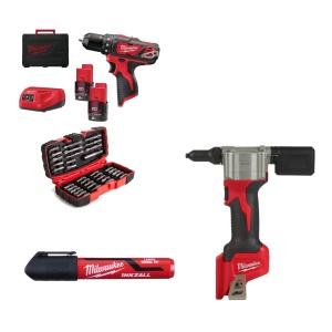 Set masina de gaurit M12 BDD + pistol nituri + 2 baterii + incarcator + accesorii