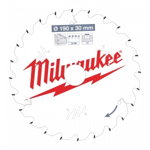 Pânze pentru fierăstraie circulare de mână Milwaukee (Nr. dinți: 24, Diametru interior disc (mm): 30, Diametrul exterior al pânzei (mm): 190, Lățime tăiere (mm): 1.6)