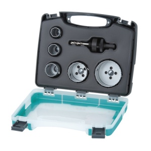 Set 6 piese pentru instalatii electrice si sanitare Wolfcraft 3498000, 5 carote bimetal diametru D 25, 29, 35, 51, 68 mm, 1 adaptor pentru carote bimetal cu burghiu de centrare HSS