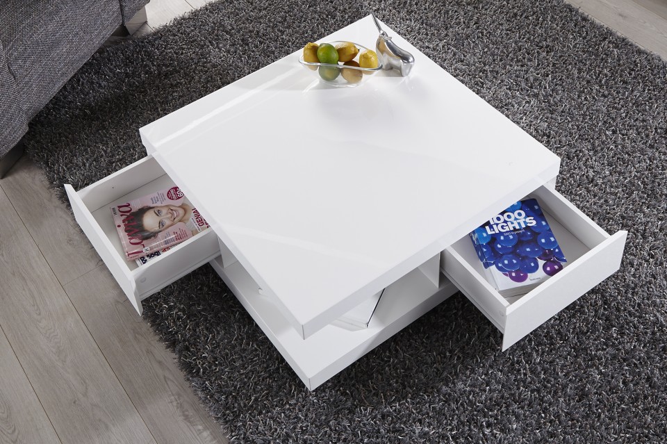 beloning Centrum instructeur Moderne Design Salontafel Hoogglans Wit met 2 Lades model-function