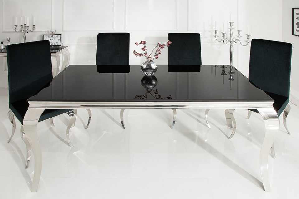 Elegante eettafel BAROQUE 180 cm zwart roestvrijstalen opaal glazen