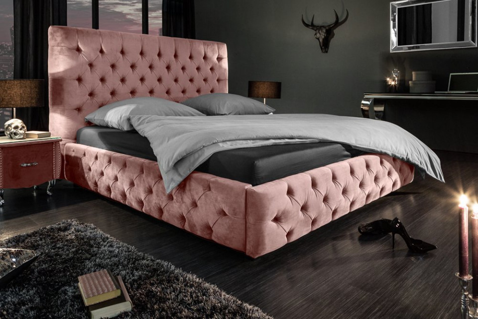 Elegant tweepersoonsbed PARIS 160x200cm roze fluweel stof design