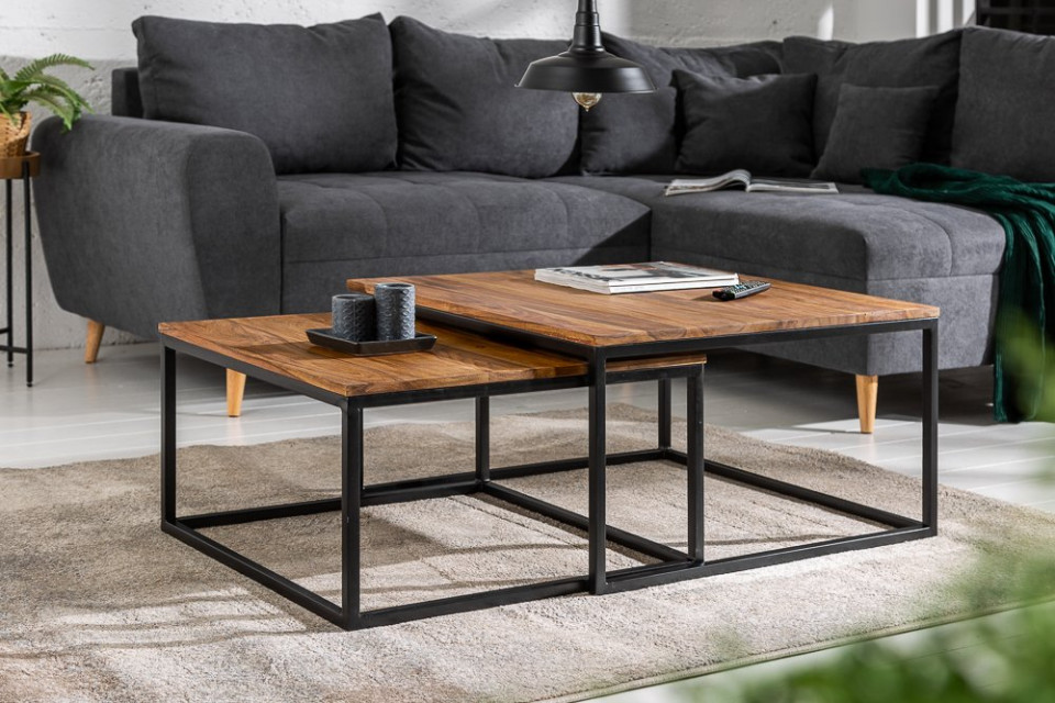 Huiskamer Motiveren Weinig Design salontafel set van 2 ELEMENTS 75 cm Sheesham steen afwerking met  ijzeren frame