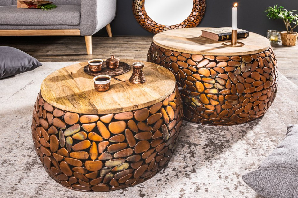 bedrag haar Aanpassen Handgemaakte set van 2 salontafels STONE MOSAIC 65cm koper acacia hout  mozaïek look