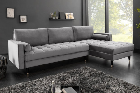 Elegante loungebank COSY VELVET 260 cm grijze fluwelen stof.lounge gedeelte aan beide zijden op te monteren.