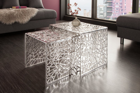 Handgemaakte Design Salontafel Zilver ABSTRACT 49 cm set van 2